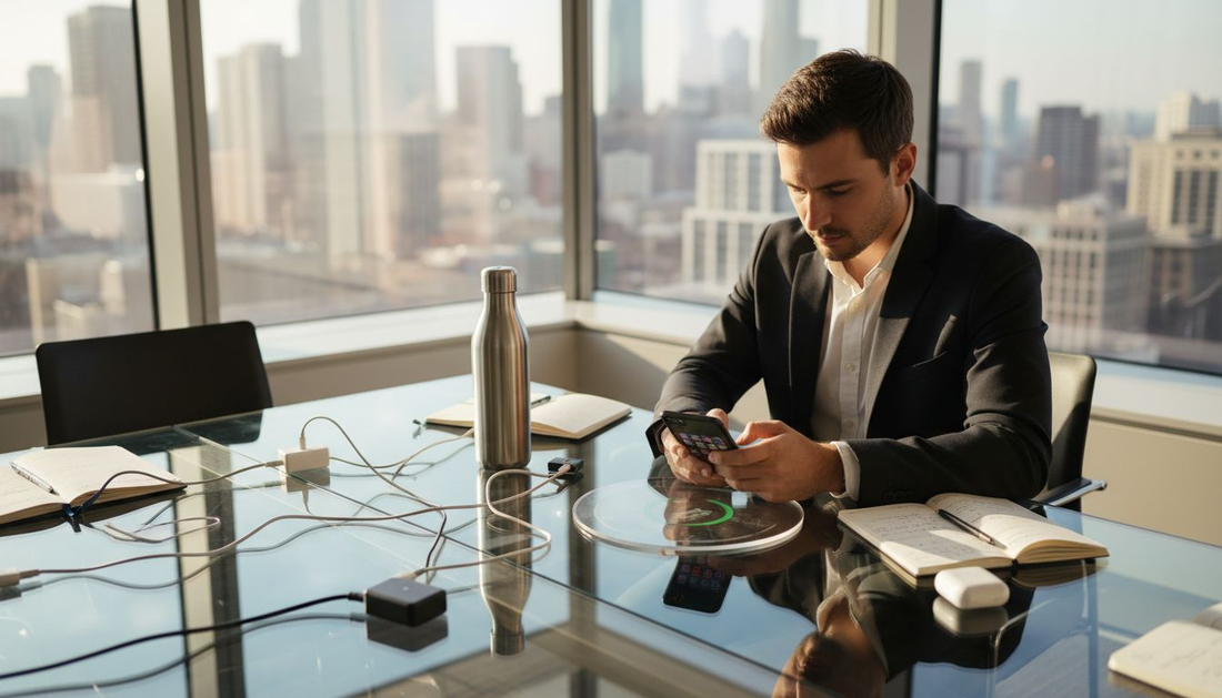Person using wireless charging at office desk
