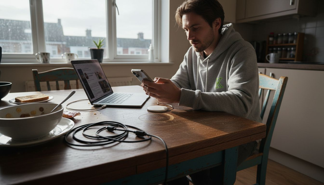 Person charging iPhone and MacBook with MagSafe