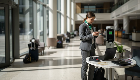 Woman using portable charging station in hotel lobby