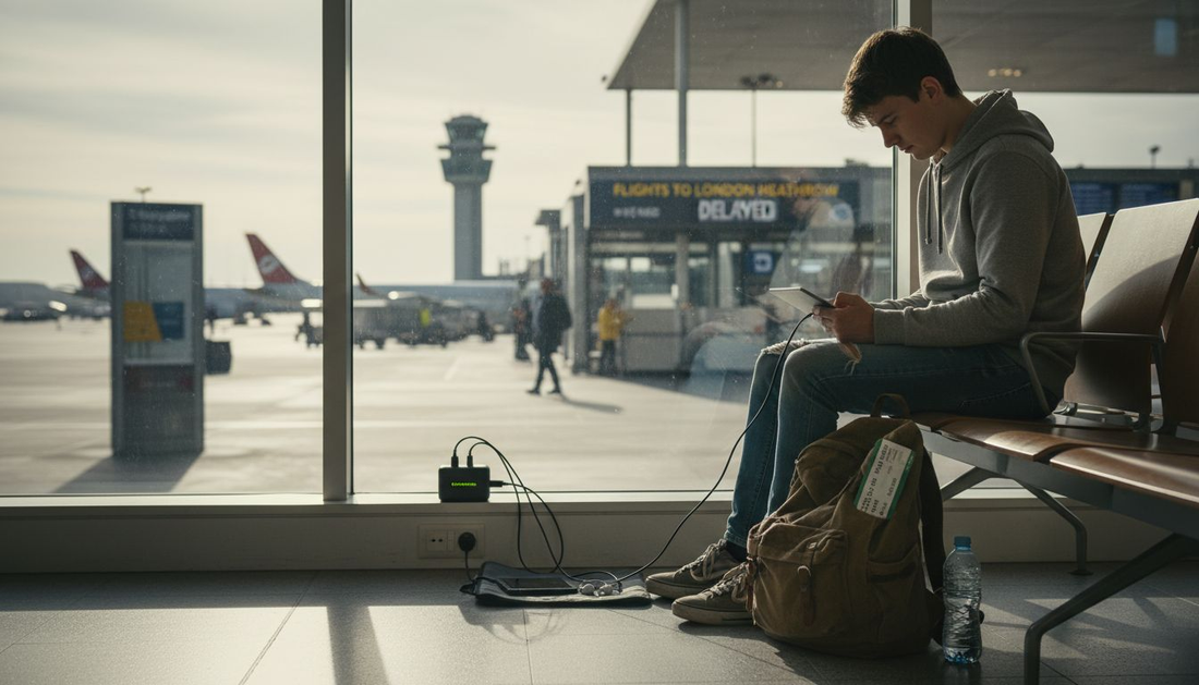 Traveler at airport charging multiple devices
