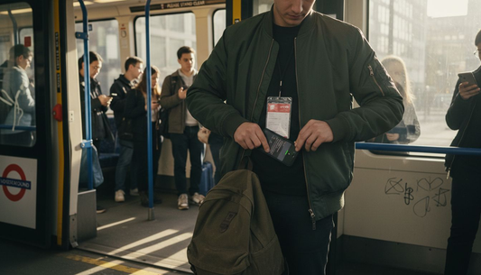 Young commuter using slim power bank on tram