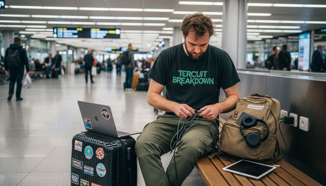 Tech lover using travel adapter in airport lounge