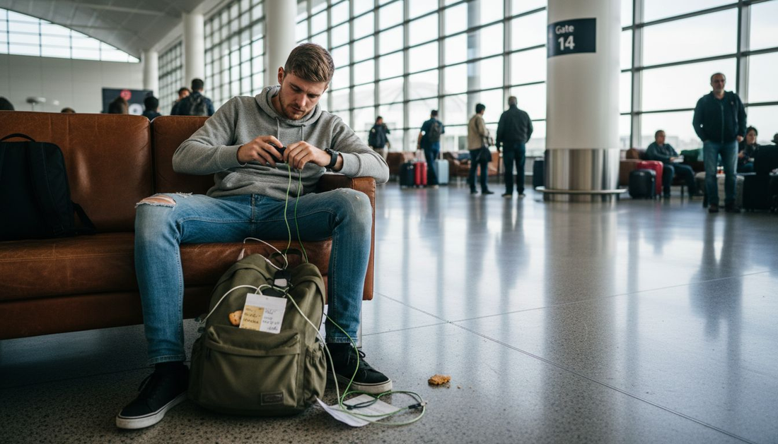 Traveller charging devices in busy airport lounge