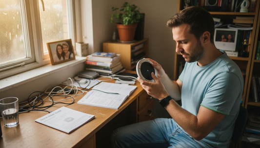 Young man choosing wireless charger at desk