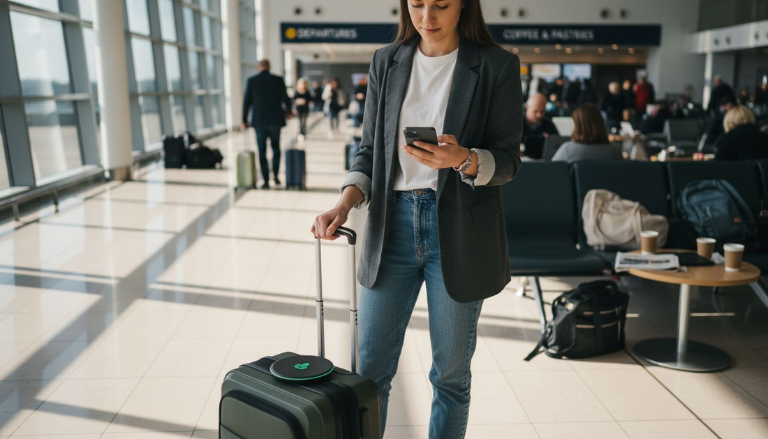 Traveller using Qi charger at airport lounge