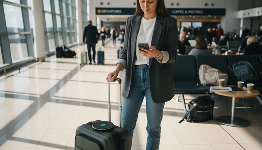Traveller using Qi charger at airport lounge