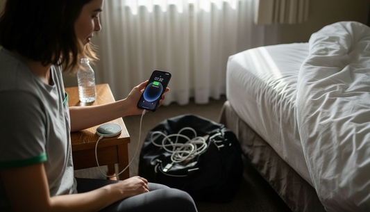 Woman wirelessly charging iPhone in hotel room