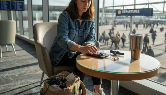 Traveler charging Apple devices wirelessly in airport
