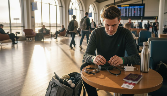 Traveler assembling charging setup at airport lounge