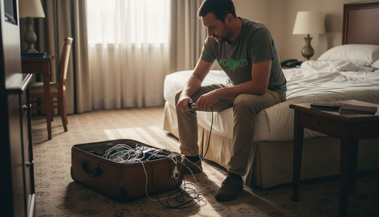 Traveler using universal adapter in hotel room