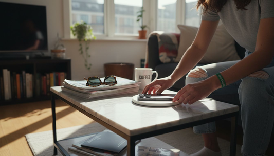 Person charging Apple devices on coffee table