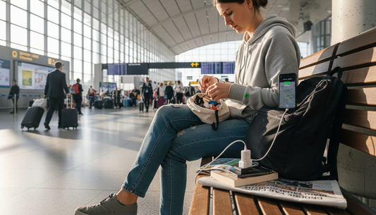 Traveler choosing plug adapters at airport