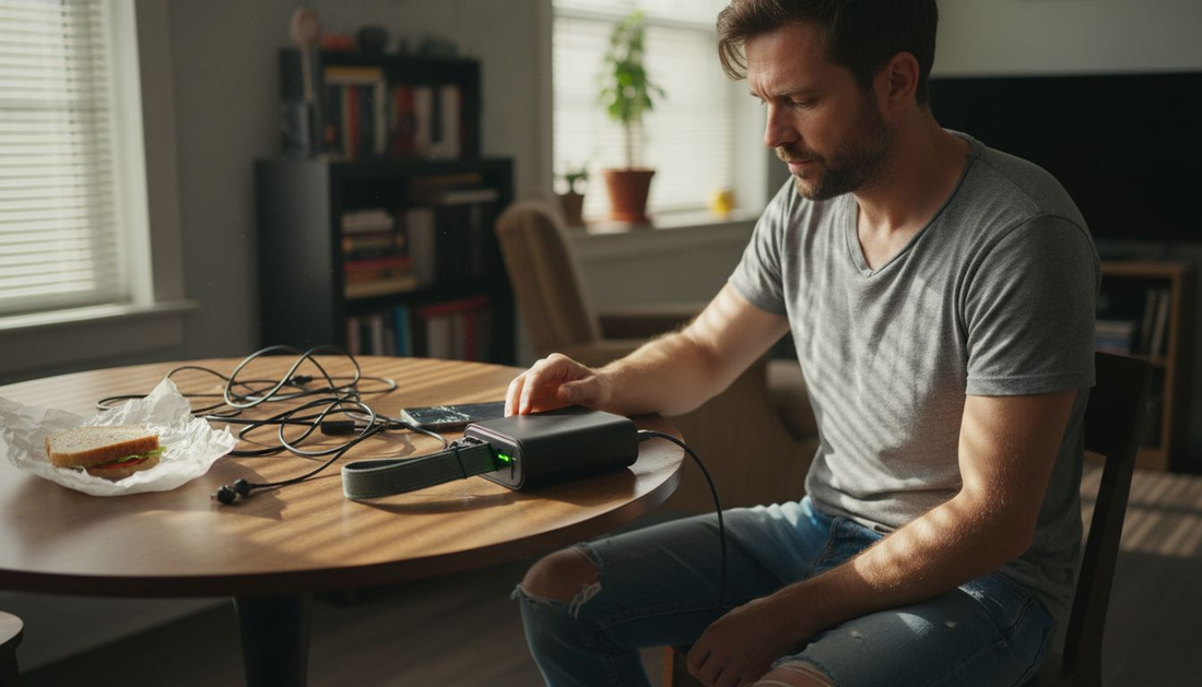 Man charging phone with power bank at table