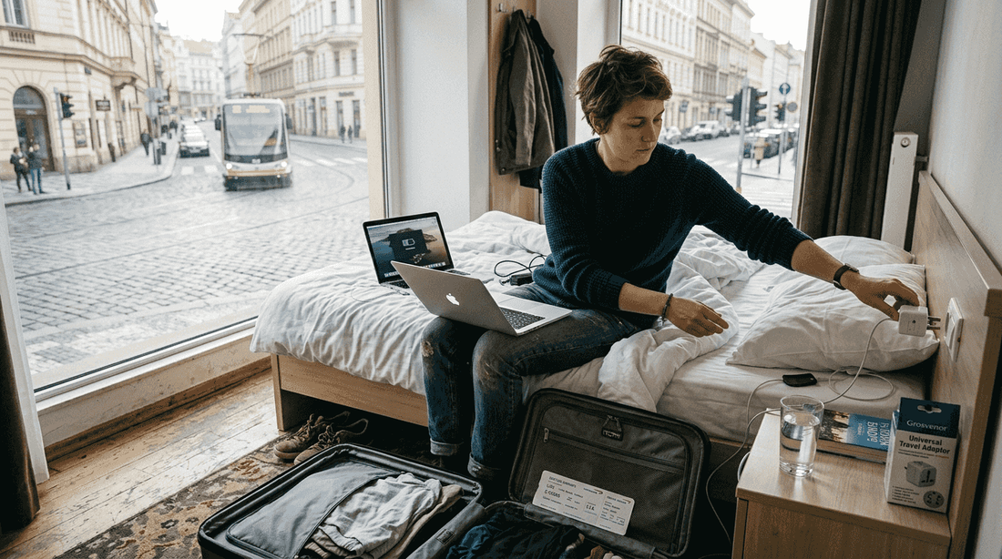 Person plugging device into travel adapter