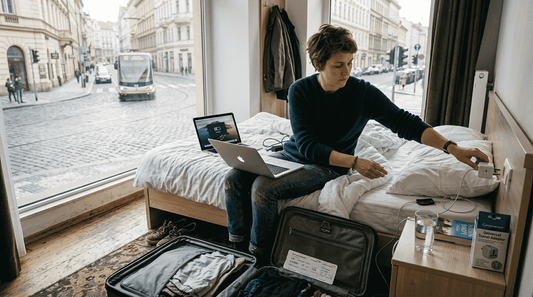 Person plugging device into travel adapter
