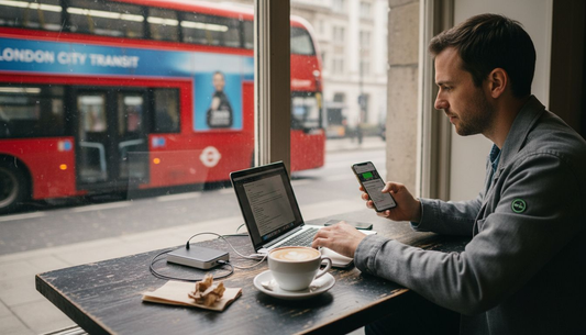 Person charging laptop and phone with compact charger